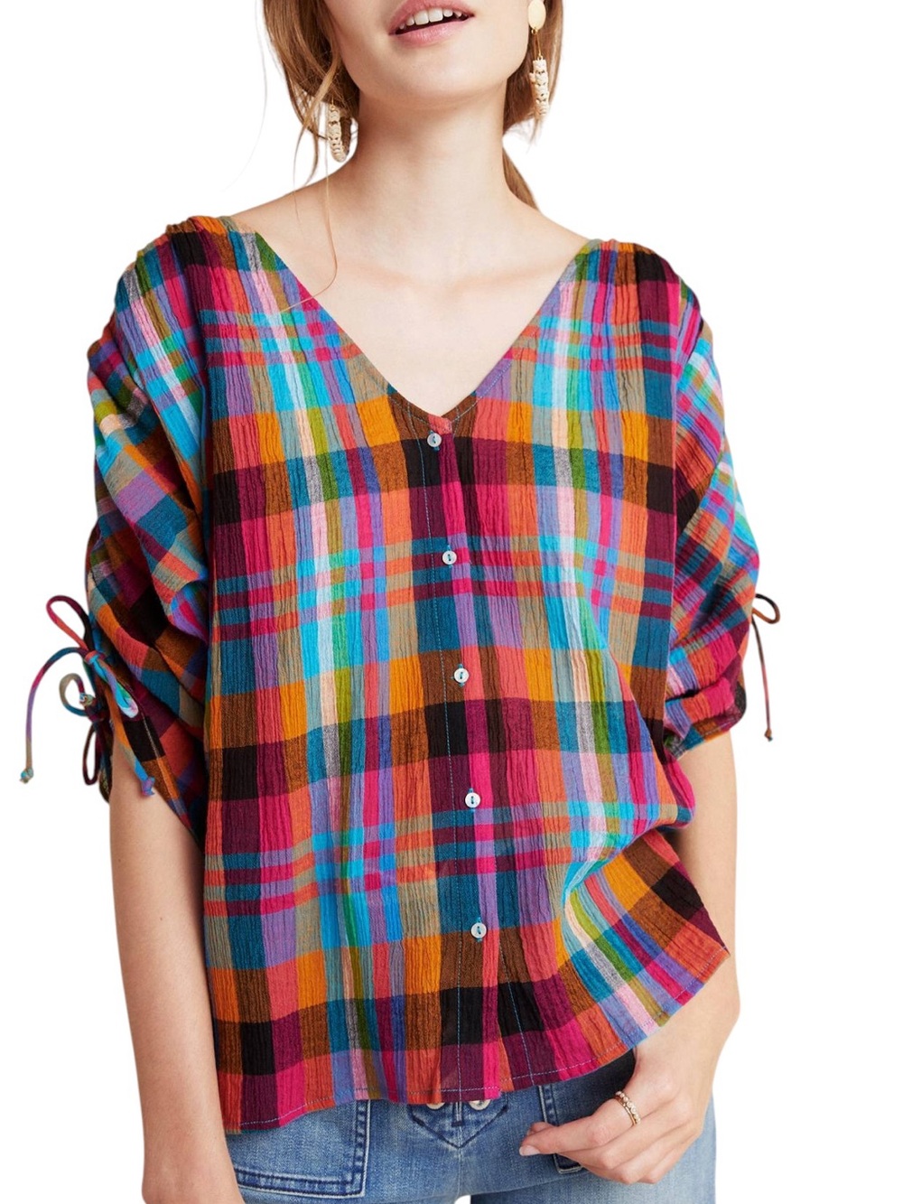 Anthropologie Maeve Amelia Plaid Print Ruched Tie Sleeve Butyon Down Shirt - S